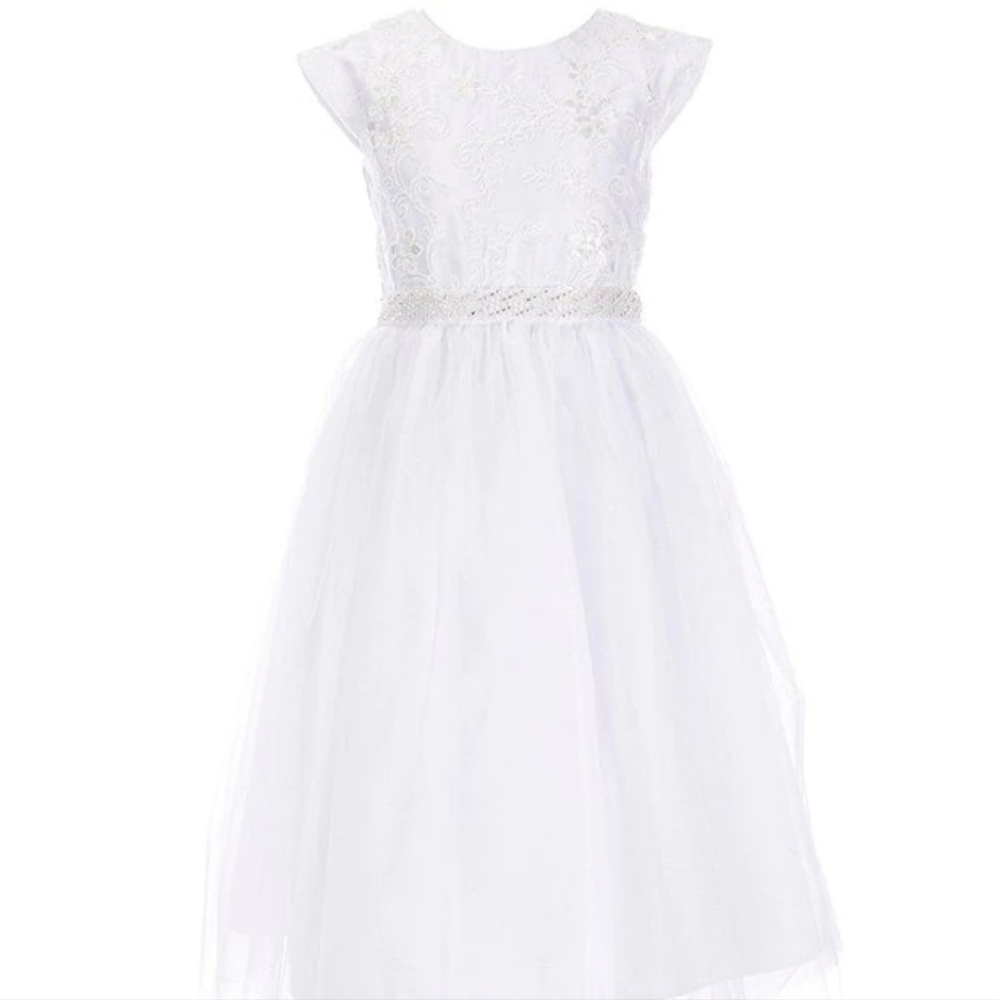 Girls' White Lace & Tulle Formal Dress with Beaded Waist